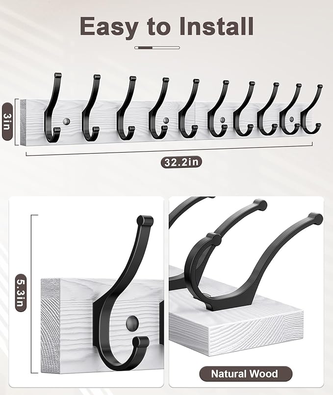 Optish 2 Pack Wooden Coat Rack Wall Mount, 16.1" Rustic Coat Hanger Hooks with 10 Double Hooks, Wall Coat Rack for Hat, Clothes, Bags, Jacket, Brown, White