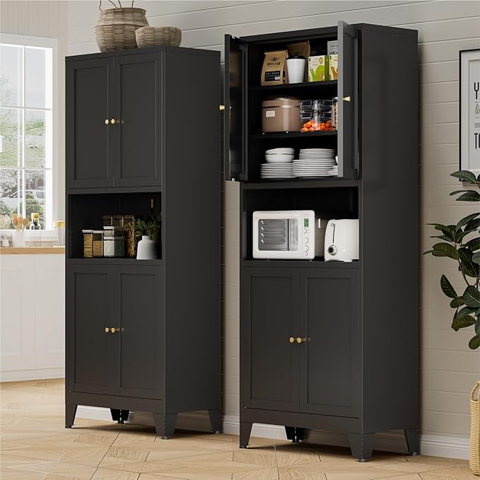 Bevivog Tall Pantry Cabinet with Microwave Shelf, 69" Metal Storage Cabinet with 4 Doors and Adjustable Shelves,Freestanding Metal Kitchen Hutch Cabinet, Black Pantry Closet Storage Shelves with Doors