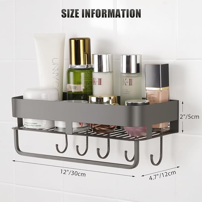 Adhesive Shower Caddy, 11.8 inch Stainless Steel Shower Shelves for Inside Shower with Hooks & Towel Bar-No Drilling(Gun Gray)