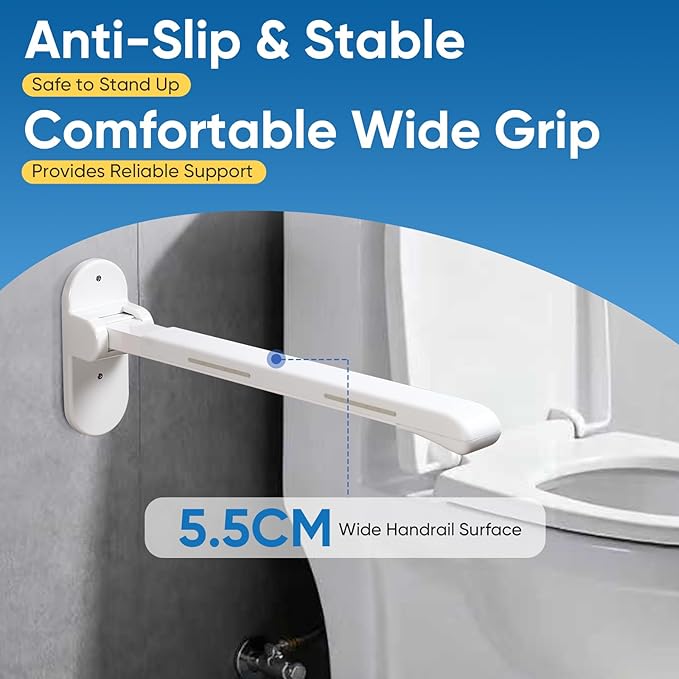 26.8 INCH Flip-Up Toilet Grab Bar, Wall-Mounted Safety Rail for Bathroom, Night Glow Strips on Both Sides, Folding Handrail for Elderly & Disabled