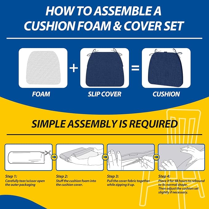 AAAAAcessories D-Shaped Chair Cushions, 2" Thick Dining Chair Pads with Ties and Removable, Machine-Washable Cover, 17" x 16", Set of 6, Blue