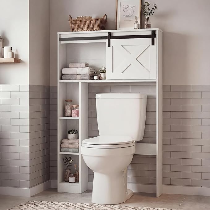 Giantex Over The Toilet Storage Cabinet - Freestanding Bathroom Organizer with Sliding Barn Door & Storage Shelves, Multifunctional Toilet Rack for Restroom, Laundry (White)