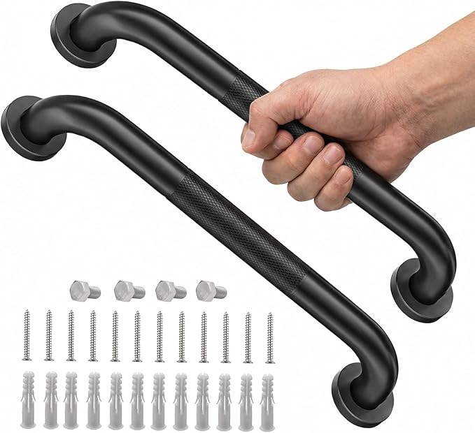 2 Pack Shower Grab Bars for Bathroom 16 Inch Black Stainless Steel Anti-Slip Knurled Grip Home Care Bath Handrail Safety Hand Rail Support for Showers Seniors Elderly Assist Handicap Bath Handle