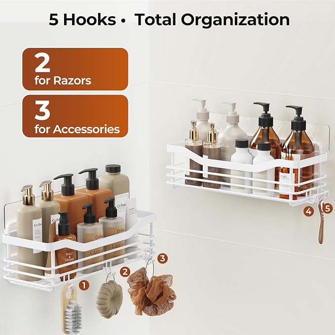 Orimade Shower Caddy Basket Shelf Storage Rack, No Drilling Wall Mounted Adhesive Rust Resistant Stainless Steel Shower Organizer with 5 Hooks for Bathroom, White 2 Pack