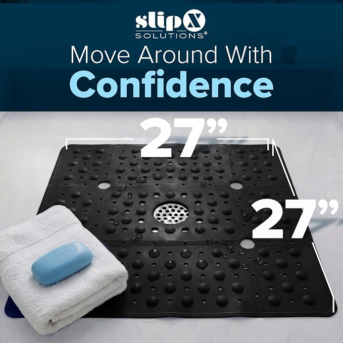 SlipX Solutions 27" Oversize Square Shower Mat, Non-Slip Mat for Elderly & Kids, 100+ Power Grip Suction Cups for Smooth Surfaces, Machine Washable, Black
