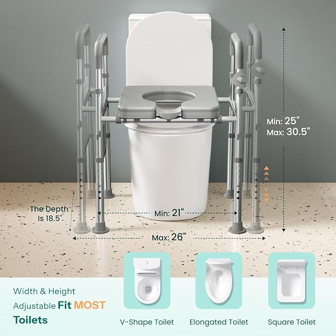 HOMEAL Seat Riser for Seniors with Bucket, Adjustable Raised Toilet Seat with Handles, Supports 450LBS, Heavy-Duty 3in1 Bedside Commode Chair for Any Toilet, Shower & Bedside (Grey, with Bucket)