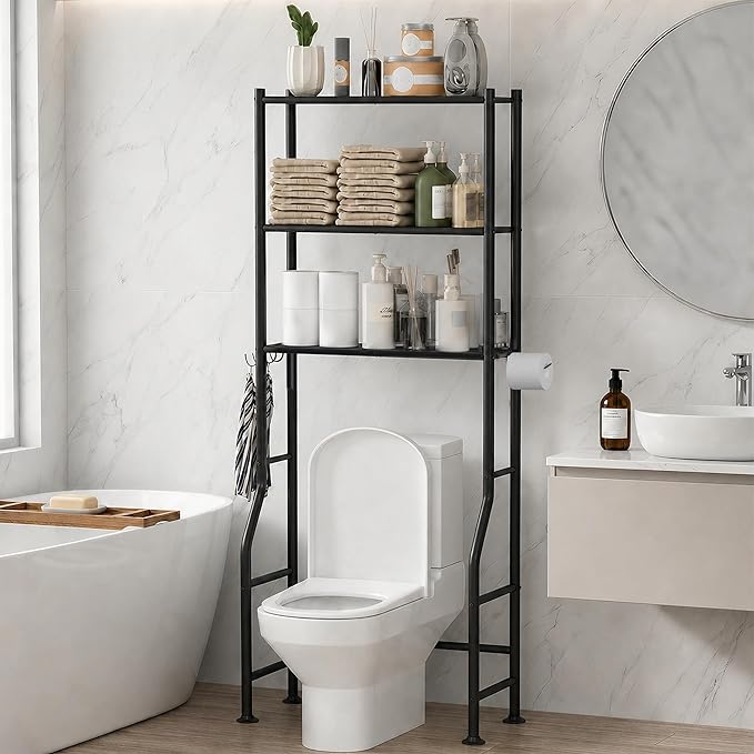 GloTika 3-Tier Over Toilet Storage with Anti-Tilt Safety System - 150lb Total Capacity Metal Bathroom Shelves Including Paper Holder & 4 Hooks, Space Saving Above Commode Organizer (64" H, Black)