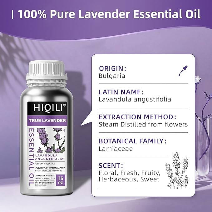 HIQILI 16 fl oz Lavender Essential Oil Large Capacity, 100% Natural for Aromatherapy, DIY Candle & Soap Making, Skin Moisturizing. Suitable for Hotels, DIY Studios, Spas and Hair Salons