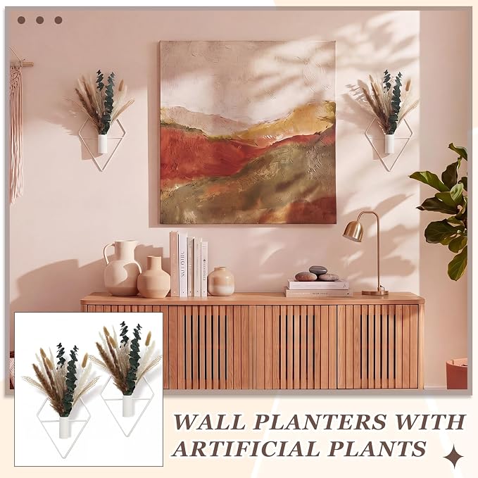 Jexine 4 Pcs Hanging Planters with Artificial Pampas Eucalyptus Metal Hanging Vase Indoor Plants Holder Modern Geometric Boho Bathroom Wall Decor for Living Room Home Office, Matte White