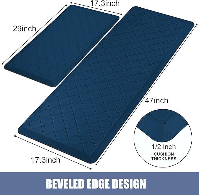 Cushioned Kitchen Mat 2 PCS, Anti Fatigue Kitchen Rugs, Heavy Duty Non-Skid, Ergonomic Comfort Foam Kitchen Floor Mat for Home, Office, Sink, Laundry, Blue