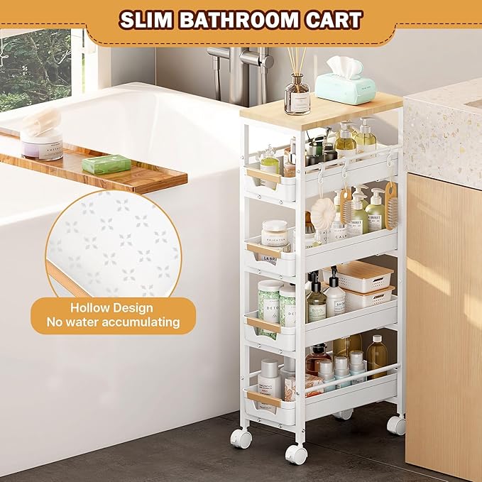 SUNALLY Slim Storage Cart with Pull-Out Baskets, 5-Tier Rolling Kitchen Cart with Wooden Top & Lockable Wheels, Narrow Space Utility Cart Organizer for Kitchen, Bathroom, Laundry Room, White