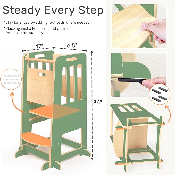 WINGYZ Toddler Tower - Anti-Tip Natural Wood Learning Stool Helper for Kids 18M-6Y, 150lb Capacity Kitchen Stool with 3-Height Adjustable Platform and Sliding Door Access, 20lb Portable Design, Green
