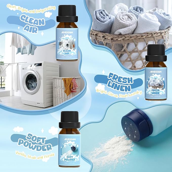 ARVIDSSON Clean Essential Oils Set, Natural Fragrance Oil for Diffuser, Soap Making - Fresh Linen, Clean Home, Fresh Cotton, Soft Powder, Blossom Soap, Lemongrass, Refreshing Scented Oils for Home