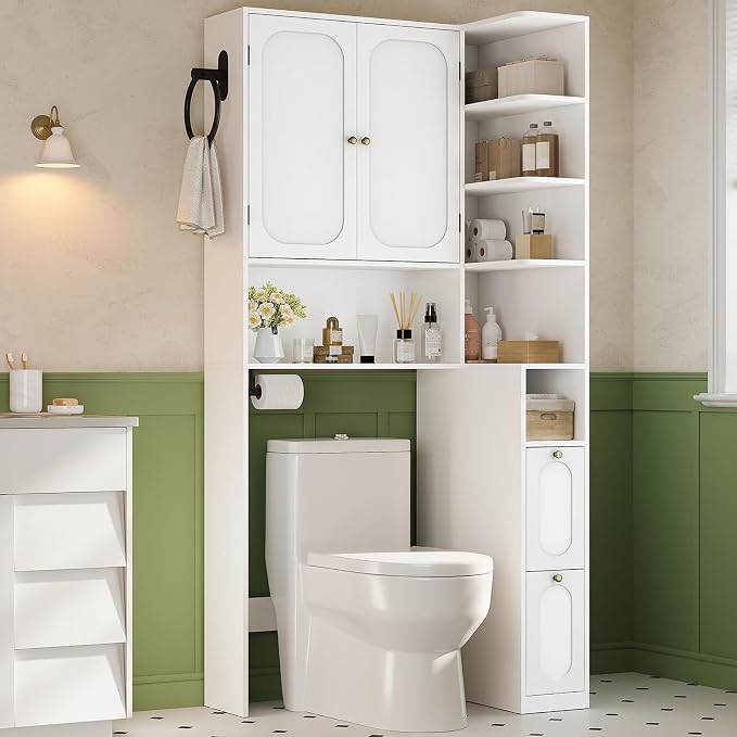 7-Tier L-Shaped Over the Toilet Storage Cabinet with Doors, 2 Large Drawers, Tissue Holder & Towel Holder, Bathroom Over Toilet Storage Cabinet with Adjustable Shelf for Bathroom, White