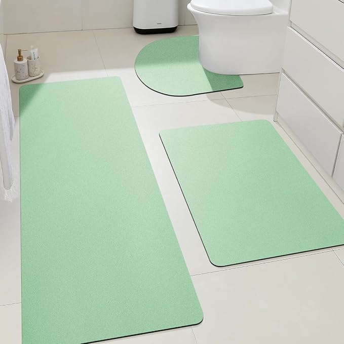 ACCUMTEK Non Slip Bath Mat, Thin Bathroom Rugs Fit Under Door, Quick Dry Bath Mats, Machine Washable Bath Rugs for Bathroom, Bathtub & Kitchen, Bathtub, Sage Green/Solid/3 Piece