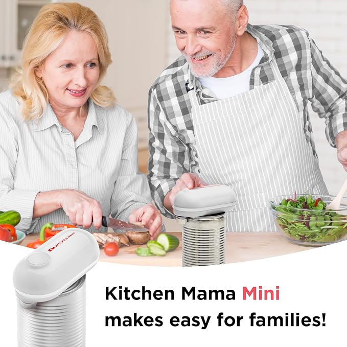 Kitchen Mama Mini Electric Can Opener Smooth Edge: Opens Can with One Press - Ultra-Compact, Portable, Hands-Free, Safe, Cordless, Seniors with Arthritis, Automatic, Battery Operated Appliance (White)