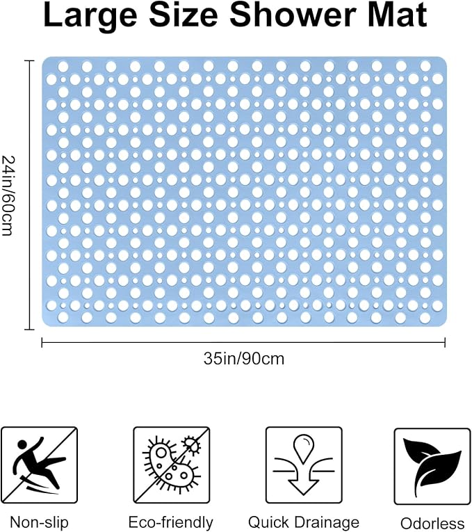 Anti Slip Shower Mat with Suction Cups,23.6x35.4 Inch Quick Drain TPE Non Slip Shower Mats for Inside Shower,Large Bath Mat for Shower Soft on Feet, Easy to Dry&Cut Machine Washable
