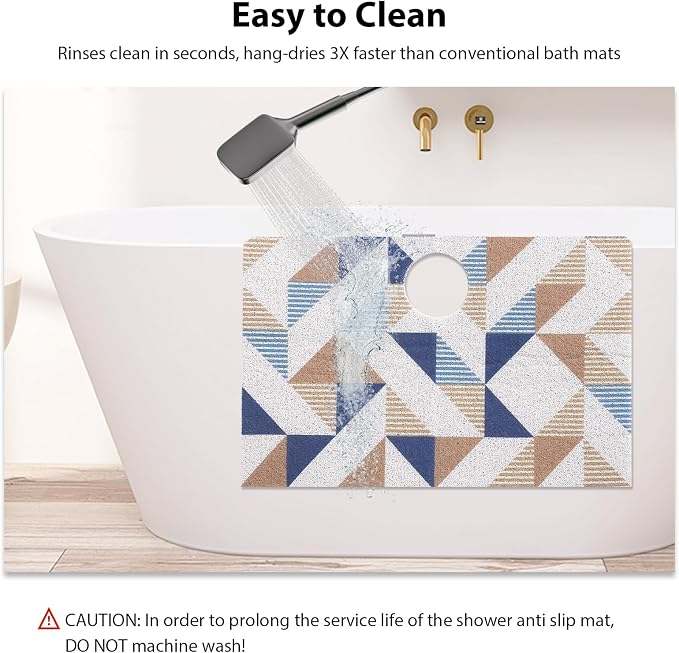 Square Shower Mat, Yonala 27 x 27 Inch Stylish Non Slip Shower Mats for Inside Shower with Central Drain Hole, Soft Trimmable PVC Loofah Anti Slip Shower Mat for Walk in Shower Stall, Quick Drying