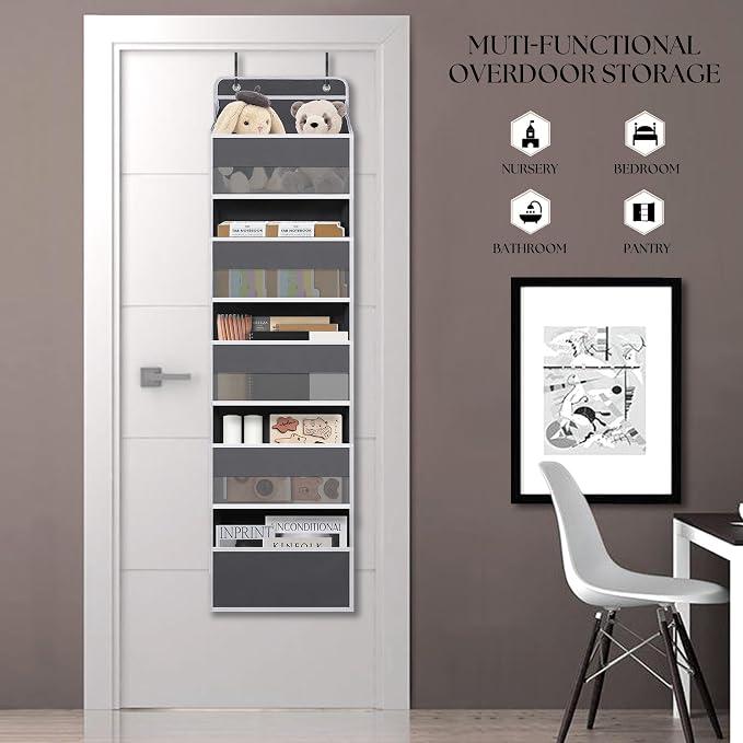 TYMENSH Gray Over Door Organizer with 5 Large Clear Pockets and 6 Side Mesh Pockets, Anti-Tilt Hanging Door Storage for Closet, Bathroom, Bedroom, Dorm, Nursery, Toys