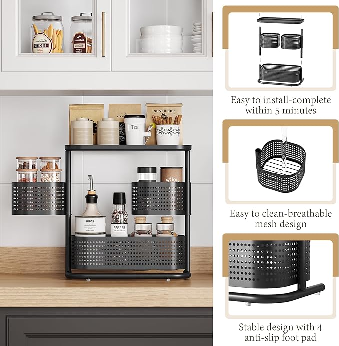 3 Tier Bathroom Counter Organizer, Rotating Countertop Vanity Storage Cabinet with Standing Shelf, Cosmetic Holder for Skincare & Makeup, Kitchen Spice Rack, Bedroom Nightstand Organizer, Black