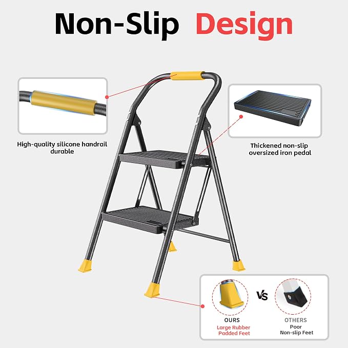 Foldable 2 Step Step Ladder with Handrails for Home Adults, Heavy Duty 600Lbs Extension Tall Stool for Indoor Kitchen Closet