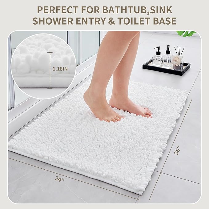 Bathroom Rugs Non Slip Washable 36x24, Extra Thick Soft Chenille Absorbent Bath Mat, High Density Barrier Non Slip Backing, Quick Dry Plush Shaggy Floor Carpet for Tub&Shower, White