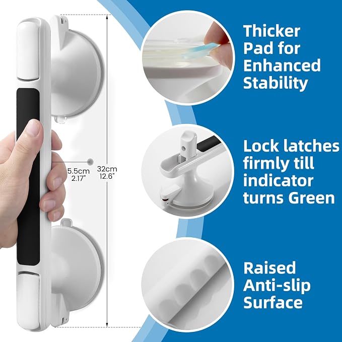 Grab Bar for Bathtubs and Showers, Zynuhmo 12 Inch Suction Cup Safety Grab Bar with 1PCS Bath Ball No Drilling Suction Shower Handrails for Seniors Elderly Kids Bathroom Assist Support(1Pack, Black)