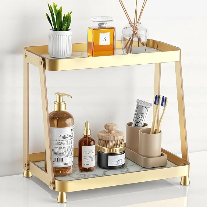 Bathroom Counter Organizer - 2-Tier Acrylic Makeup Organizer Countertop with Marble Tray, Perfume Organizer & Vanity Organizer, Makeup Tray Shelf for Skincare, Cosmetics Display, Gold