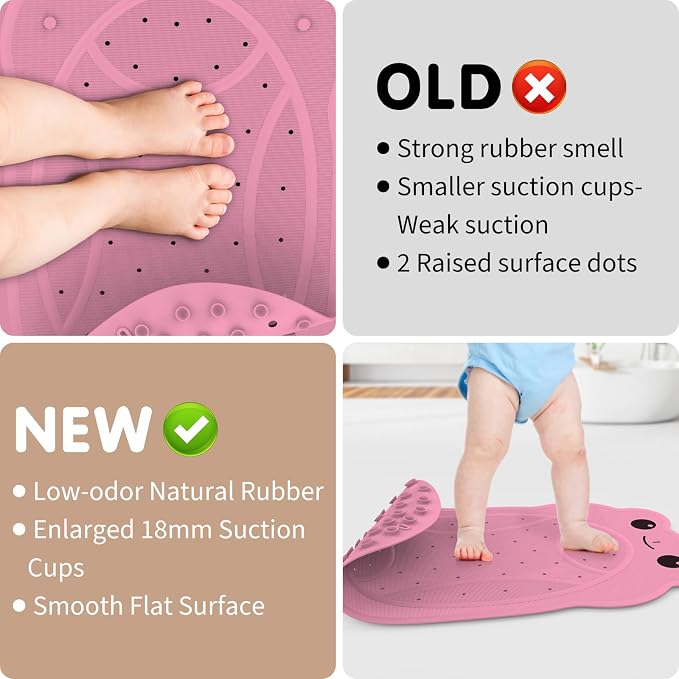 Bathtub Mat Non Slip, Shower Mat for Kids with Natural Rubber no Plastic Smells, Baby Bath Mat for Tub Non Slip with Strong Suction Cups, 30"x18", PVC-Free, Safe Comfortable Fun for Kids, Pink