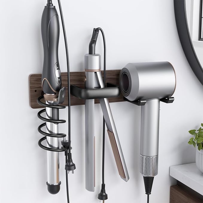 Tindbea Hair Dryer Holder Wall Mount Aluminum Alloy Hot Tools Organizer | Walnut Matte Black