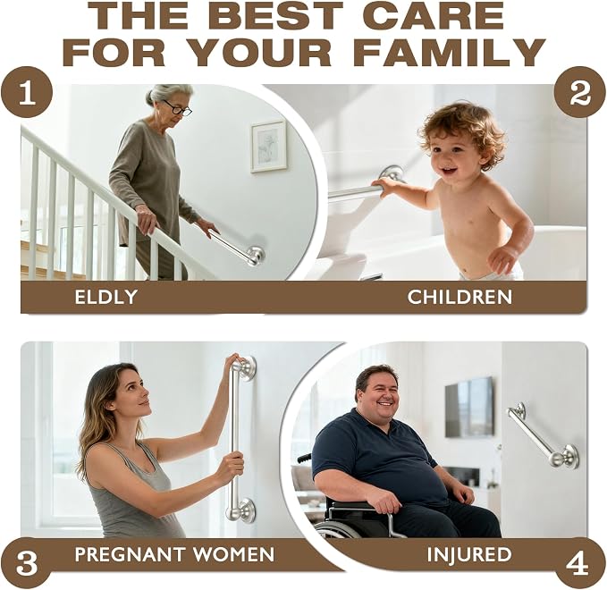 Anti Slip Shower Grab Bar, Safety Bathroom Assist Handle, ADA Compliant Handrail, Heavy Duty Handicap Grab Bars for Elderly, Injured, Senior, Children (Brushed Nickel, 24 Inches)