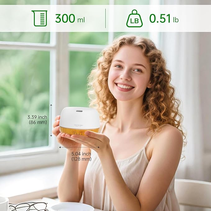 ASAKUKI Essential Oil Diffuser, 300ml Ultrasonic Aromatherapy Oil Humidifier with 7 Colors LED Lights, 2 Mist Mode for Home (Wood Grain)