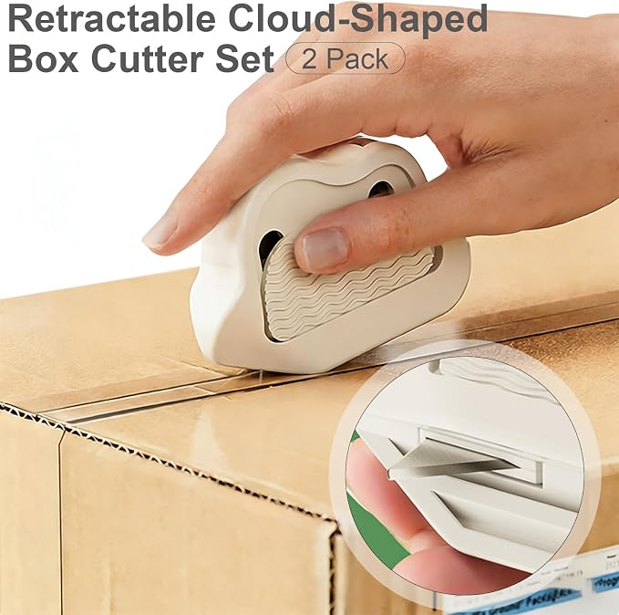 Retractable Cloud-Shaped Box Cutter Set, 2 Pack Utility Knife with Magnetic Back for Cardboard and Box Opening, Teflon Coated Blades for Easy Resizing and Breaking Down