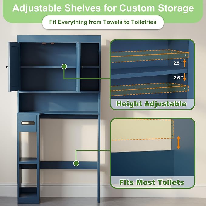Over The Toilet Storage Cabinet with 7 Shelves, Imitation Walnut Grain Above Toilet Bathroom Organizer with Toilet Paper Holder Stand, Space Saver for Restroom, Laundry, Bathroom (Navy Blue)