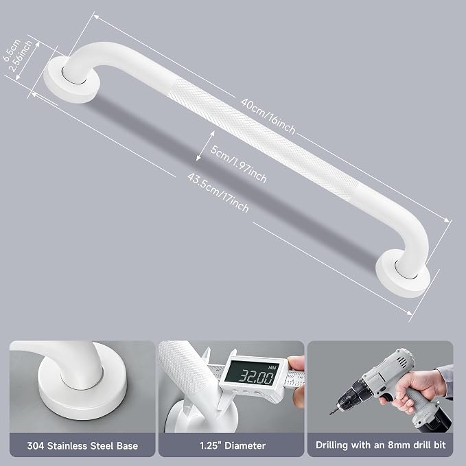 16 Inch Shower Grab Bar 1.25" Dia, 2 Pack White Anti Slip Bathroom Grab Bar, 304 Stainless Steel Knurled Handicap Grab Bars, Safety Support Handrail,Bath Shower Handle for Elderly Injury Senior
