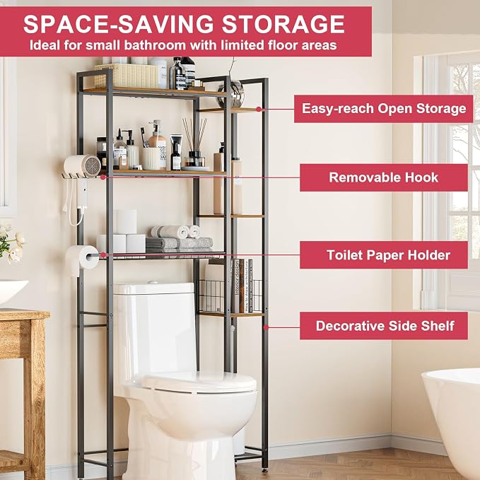 Over The Toilet Storage with Wooden Shelves and Side Rack, 7-Tier Metal Over Toilet Bathroom Organizer Freestanding Storage Shelf for Toilet Paper, Towels, Toiletries, Ideal for Small Bathroom