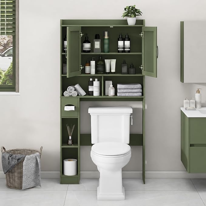 Vabches Over The Toilet Storage Cabinet, Farmhouse Storage Cabinet Over Toilet with 2 Barn Doors & Toilet Paper Holder Stand，Home Space-Saving Toilet Rack, for Bathroom, Restroom, Laundry. Green