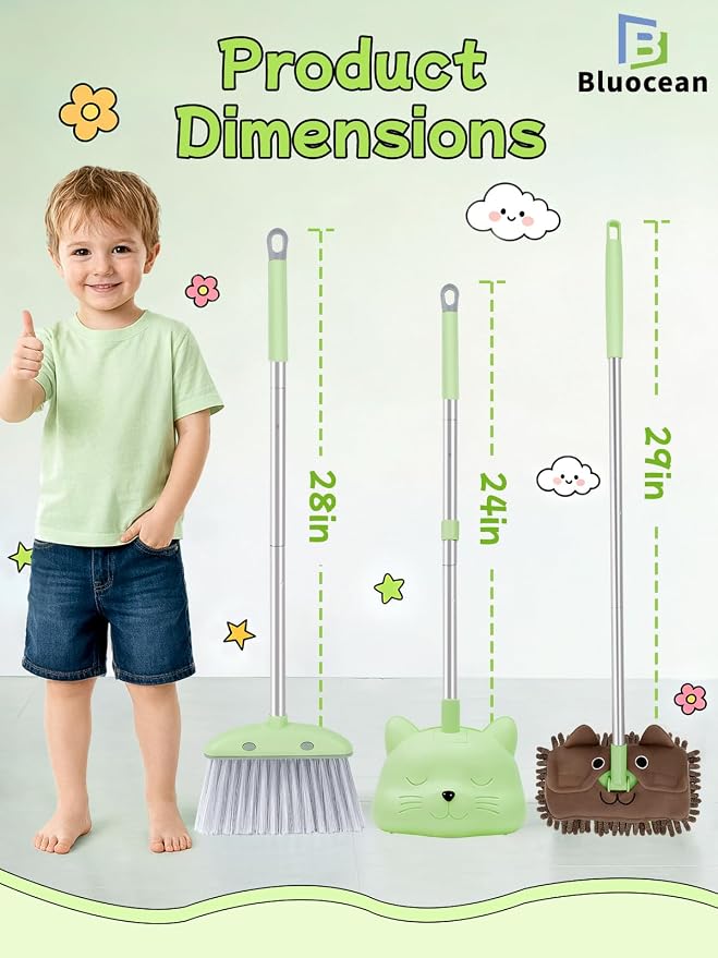 28'' Kids Mini Broom with Dustpan & Mop Set - Toddler Cleaning Toy, Toddler Household Helper, Parent-Child Interactive Play Cleaning Tool, Cute Cartoon Design, Small Safe Corner Broom (Green)