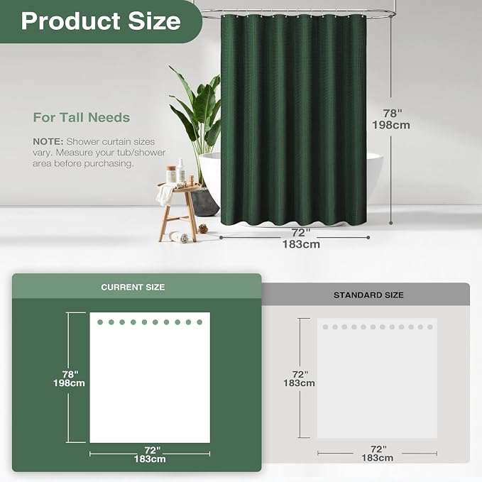 Dynamene Long Fabric Shower Curtain - 78 inch Long Waffle Weave Weighted Cloth Shower Curtains for Bathroom, Neutral Heavy Duty Hotel Spa Luxury Bath Curtain Set with 12 Hooks, 72x78, Dark Green