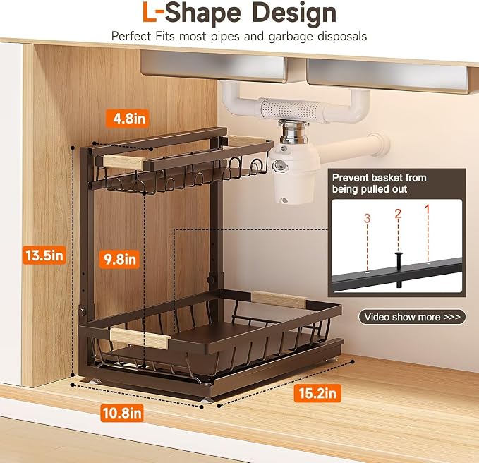 Sevenblue 2 Packs Under Sink Organizer, Height Adjustable 2 Tier Under Kitchen Sink Organizer, Multi-Purpose Storage Shelf for Kitchen Bathroom Cabinet (Brown, Extra Large)