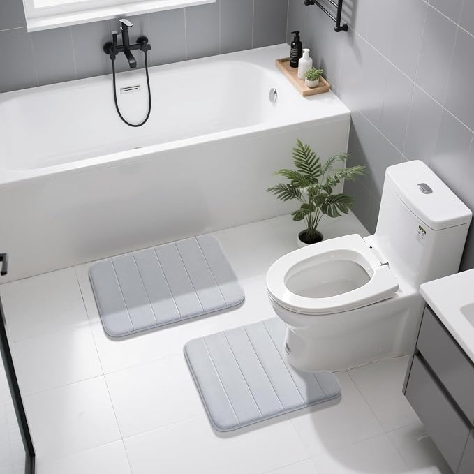Yimobra U-Shaped Toilet Bath Mat Set 2 Piece - Super Soft Absorbent Quick Dry Memory Foam Bathroom Rugs, Machine Washable Non Slip Floor Carpet for Tub Shower & Single Sink (17x24 & 24x20, Silver)