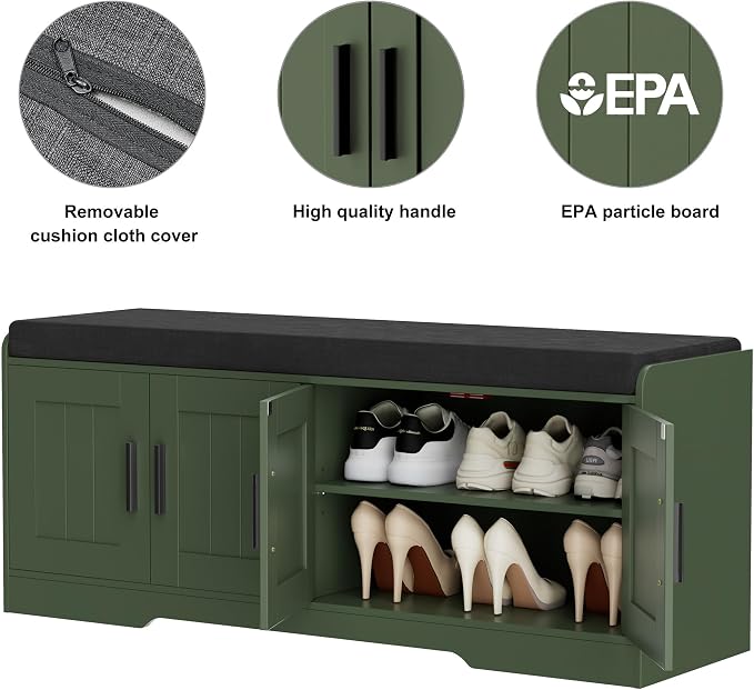 Homleke 2-Tier Storage Bench, Shoe Bench with Thickened Padded Seat Cushion, Entryway Bench with 4 Doors, Adjustable Shelf, 13.8" D x 45.3" W x 18.5" H, for Entryway, Living Room, Bedroom, Green