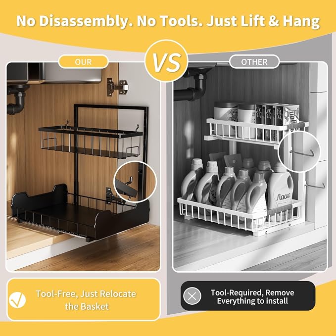 PureBox Under Sink Organizer, 2-Tier L-Shaped Pull Out Cabinet Shelf with 2 Installation Methods, Adjustable Sliding Storage Drawer for Kitchen, Bathroom, Laundry, Metal, Black, 2-Pack