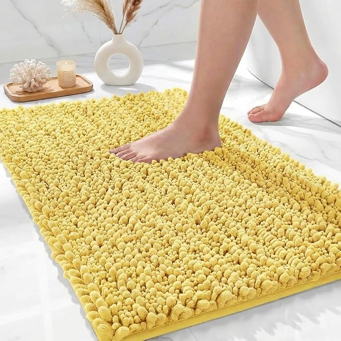 Bathroom Rugs Non Slip Washable, Extra Thick Soft Chenille Absorbent Bath Mat, High Density Barrier Non Slip Backing, Quick Dry Plush Shaggy Floor Carpet for Tub&Shower 24x17, Yellow