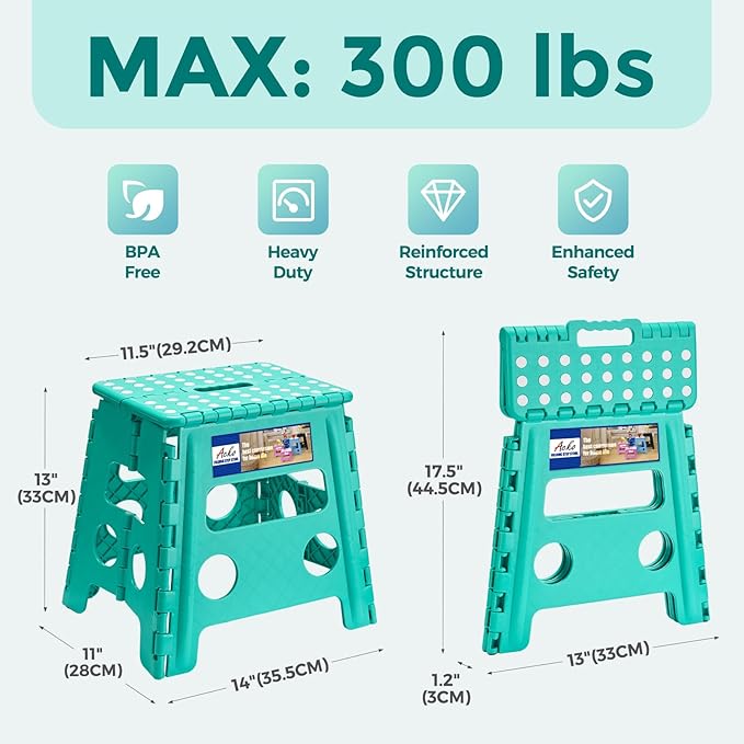 ACKO Folding Step Stool 13 Inch, Sturdy Collapsible Step Stool Foldable Up to 300 lbs for Adults, Non Slip Lightweight Foot Stools with Handle, Ideal for Kitchen, Bathroom, Bedroom, Garden, Teal