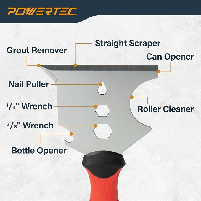 POWERTEC 9-in-1 Painter's Tool w/ 4 Inch Stainless Steel Putty Knife | Straight Scraper, Grout Remover, Roller Cleaning, Can Opener, Bottle Opener, Nail Puller, Screwdriver, 3/8" & 1/4" Wrench (72068)