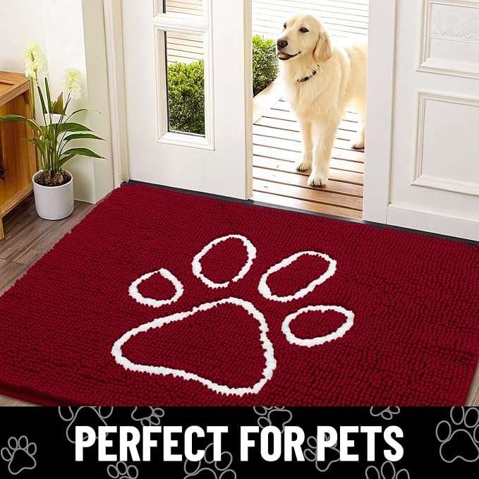 Smiry Dog Door Mat for Muddy Paws, Absorbent Dirt Trapper Non Slip Quick Dry Washable Chenille Mat for Mud Dogs, Entry Rug for Indoor and Outdoor (24x16 Inches, Red and White)