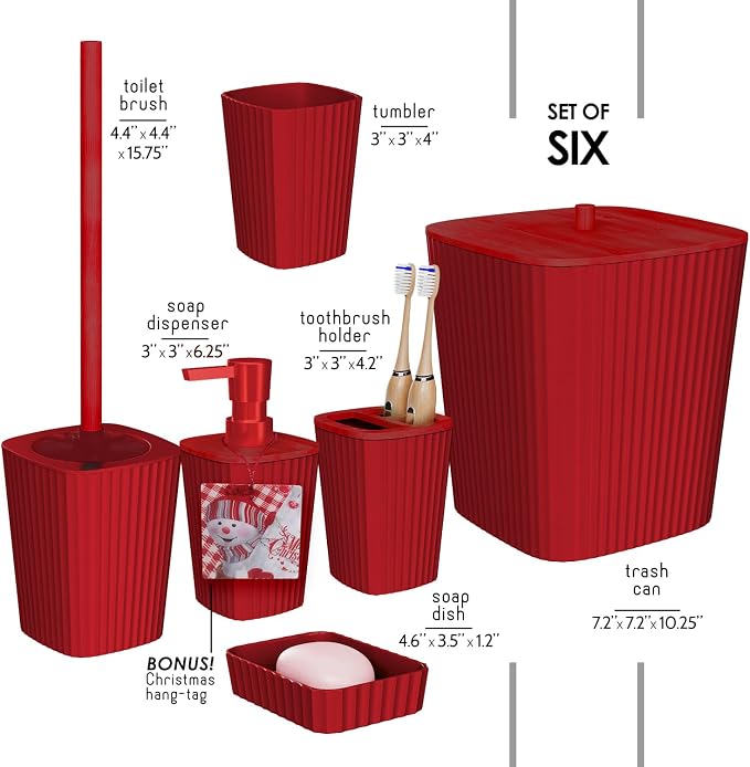 Clara Clark Bathroom Set - Christmas Bathroom Sets, Xmas Bathroom Accessories Set, Christmas Bathroom Decor, 6PC Bathroom Accessory Set with Toilet Brush, Trash Can & Soap Dispenser