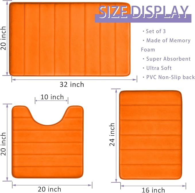 Orange Bathroom Rugs Extra Soft Memory Foam Bath Mat Sets 3 Piece Non Slip Absorbent & Dry Living Mat Sets Washable Bath Carpets with Toilet Rug,Bath Rugs for Bathroom,Tub,Shower,Kitchen,Bedroom
