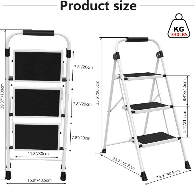 Simple Deluxe 3 Step Ladder, Step Stool Foldable, 800lbs Portable Ladder with Wide Anti-Slip Pedal, Step Stool for Adults, Lightweight Step Ladder for Home Kitchen and Outdoor, Black&White